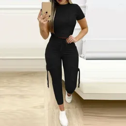 Women's Two Piece Pants Stylish Skin-touching Women Pure Color Crop Top Drawstring Sweatpants Set O-neck Breathable Sports Outfit Daily