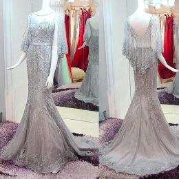 Dresses Tulle Bateau Neckline Mermaid Evening Dresses With Beaded Lace Appliques Grey Lace with Sequins Prom Dress vestido formatura longo