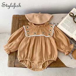 INS Autumn Dress Girls Babies and Childrens Double Wrinkled Cotton Ear Collar Embroidered Long Sleeve Romper Triang 240325