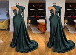2022 Sexy Dubai Elegant Emerald Green Mermaid Evening Dresses Wear Long Sleeve High Neck Beads Crystals Split Women Formal Dress E7303178