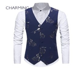 Casual vest for guys Bronzing rose print fabric single breasted unique mens vest mens vests Men vest tops 9854165