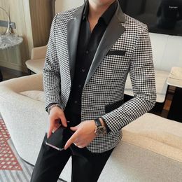 Men's Suits 2024 Spring Houndstooth Checkered Blazer Jackets Men Fashion PU Leather Spliced Collar Luxury Slim Fit Social Prom Tuxedo 4XL-M