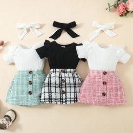 Clothing Sets 3Pcs Fashion Baby Small Fragrance Skirt Set Girls Short Sleeve Solid Colour Top Free Headband Spring / Summer