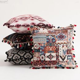 Pillow Black And White Retro American Style Moroccan Flower Hair Ball Geometric Car Pillowcase Cover Jacquard Case 45CM