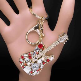 Keychains Lanyards Charming Instruments Guitar Rhinestone Keyholder Hip Hop Music Money Bag Car Keychain Decoration Gift Jewelry Q240403