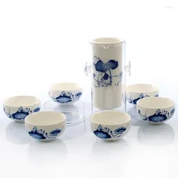 Teaware Sets Blue And White Porcelain Ceramic Tea Set Ears Style Heat-resistant Glass Sheathed Teapot Teaset 1pot With 6 Cups