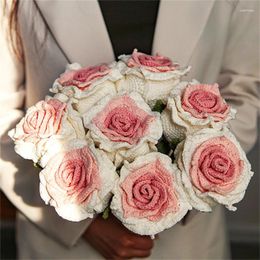 Decorative Flowers Thailand Rose Bundle Finished Handmade Woolen Hook Weaving Imitation Eternal Flower Creative Gift Gradient