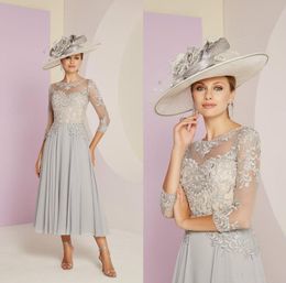 34 Illusion Long Sleeves Newest Mother of the Bride Dresses Lace Applique Tea Length Ruched Chiffon Wedding Guest Dress 2020 Part9110942