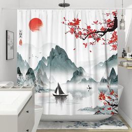 Shower Curtains Watercolour Landscape Plum Blossom Waterproof Thick Solid Bath For Bathroom Large Wide Bathing Cover