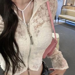 Women's T Shirts CINESSD 2024 Simple Cardigan Slim-Fit Lace Shirt Sexy Girl Hollow-out Slightly Transparent Long-Sleeve Zipper Short Pure