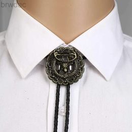 Bolo Ties 3D Copper deer head bolo tie for man Indian cowboy western cowgirl leather rope zinc alloy necktie 240407