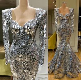 2022 New Sparkly Sequins Silver Mermaid Evening Dresses Long Sleeves Arabic Evening Dress Dubai Long Elegant Women Formal Party Ga8107407