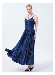 Casual Dresses Silk Stretch Satin Deep Sea Blue V-neck Invisible Side Pull Pullover Cool Skin-friendly Sling Big Swing Dress Summer AE1009