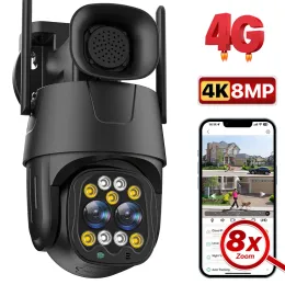 Cameras IP Camera 4G Sim Card 8MP 4K HD WIFI PTZ Camera Dual Lens 2.8mm8mm 8X Zoom Outdoor 4MP AI Auto Tracking P2P Security Camera