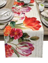 Vintage Flowers Tulips Oil Painting Linen Table Runners Wedding Decor Party Country Decor Dining Antifouling Table Runners 240325