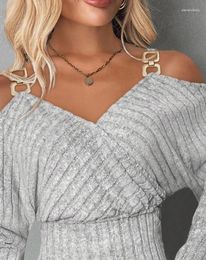 Women's T Shirts Casual Top Women Cold Shoulder Oversized Sweaters V-Neck Long Sleeve Chain Decor Ribbed Pullover Knitted
