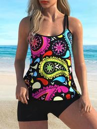 Women's Swimwear Plus Size Colour Vest Set Geographic Stripe Round Neck Knot Side And Shorts Swimsuit Two-piece