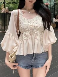 Women's Blouses Korean Blouse Women Clothing V-neck Lantern Sleeve Patchwork Lace Shirts Vintage Summer Tops 2024 Blusas De Mujer 27v961