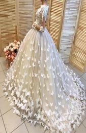 Butterfly Appliques Ball Gown Wedding Dresses With Illusion Long Sleeves Wedding Gowns Lace Handmade Flowers Bridal Dress Vestidos1997088