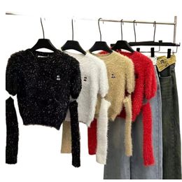 Women mohair wool o-neck logo letter embroidery lurex patched shinny bling Christmas New Year red desinger sweater tops
