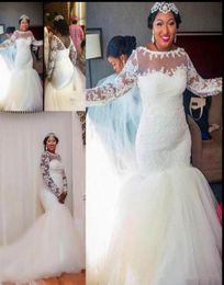 Elegant Long Sleeve Mermaid Wedding Dress See Through Neck Lace Tulle Bridal Wedding Gown High Quality Vestido De Noiva with Long 3023282