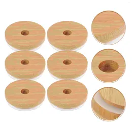 Dinnerware 6 Pcs Carafe Lids Jar Cover Glass Bottle Seal Wood Mason Sealing With Straw Holes