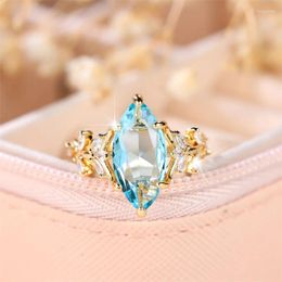 Wedding Rings Cute Female Light Blue Zircon Stone Ring Trendy Yellow Gold Color Engagement Bride Jewelry Gift