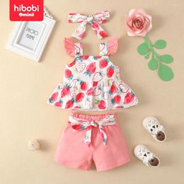 Clothing Sets Hibobi Summer 3-Piece Baby Girl Sweet Floral Ruffle-Sleeve Top & Solid Color Shorts With Headband Suitable For 3-24 Months Old