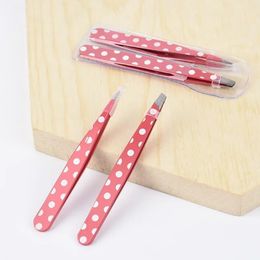 2PCS Hair Removal Tweezers Stainless Steel Eyebrow Clips Mini Pink Dots Slanted Flat Tip Point Eye Brow Makeup Beauty Tool Set