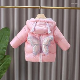 Down Coat HYLKIDHUOSE 2024 Winter Girls Coats Children Butterfly Padded Jacket Hooded Thicken Kids Parkas Windproof Outerwear