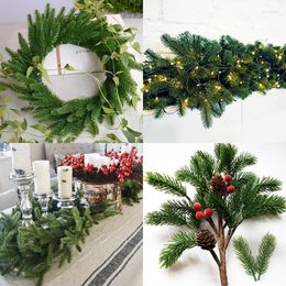 Decorative Flowers 12 Pcs Christmas Pine Needle Branches Fake Plant Tree Ornament Home DIY Garland Gift Box Wedding Flower Decoration