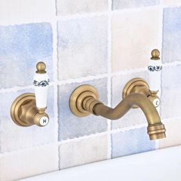 Bathroom Sink Faucets Antique Brass Double Ceramic Flower Levers Widespread 3 Holes Wall Mounted Tub Basin Faucet Mixer Tap Msf531