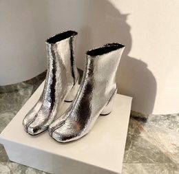 Boots Silver Tabi Split Toe Chunky High Heel Boots Leather Zapatos Mujer Fashion Autumn Women Shoes Botas7497207