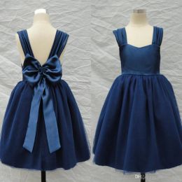 Dresses 2017 Navy Blue Flower Girl Dresses A Line Straps Backless Big Bow Tea Length Kids Gown for Wedding halloween costumes gowns new de