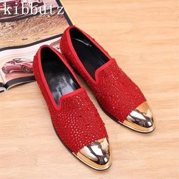 Casual Shoes Luxury Rhinestone Men Loafers Metal Pointed Toe Genuine Leather Male Party Dress Slip On Flats