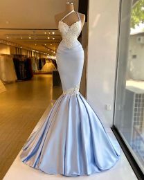 Dresses Gorgeous Sexy Light SKy Blue Mermaid Prom Dresses Halter Neck Lace Applique Open Back Formal Evening Party Gowns Abendkleider Cust