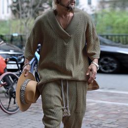 Vintage Knitted Two Piece Mens Set Fashion Loose Solid Short Sleeve V Neck Sweater Tops And Pants Men Suits Casual Knit Outfits 240401