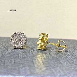 Designer Jewelry Hip Hop Mens Iced Out 14K Gold Plated Flower Screw Back Cluster Moissanite Earrings