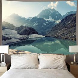 Tapestries Mountain Blue Lake Tapestry Wall Hanging Landscape Green Grassland Art Cloth Thin Ceiling Decor Blanket Background