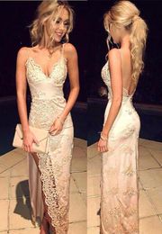 Spaghetti Straps Split Side Prom Dresses Mermaid Sexy Champagne Gold Applique Floor Length Formal Evening Gown Party Dresses Custo7089224