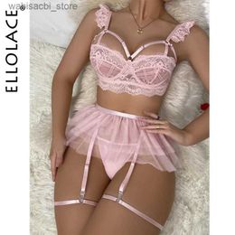 Sexy Set Ellolace Ruffle Lace Lingerie See Through Sexy Outfits Bra Kit Push Up Seamless Underwear Sissy Tulle Garter Exotic Sets L2447