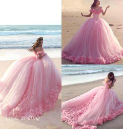 New Arrival Romantic Pink Wedding Dresses Puffy Ball Gown Off The Shoulder Backless Long Dream Princess Bridal Party Gowns3232368