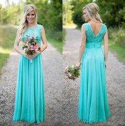 Turquoise Lace Chiffon Long Bridesmaid Dresses 2019 Scoop Neckline Floor Length Bridesmaid Gowns for Wedding sukienka wesele7991004