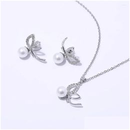 Earrings Necklace Set Butterfly Pearl Pendant And Fl Diamonds Zirconia For Women Drop Delivery Jewelry Sets Dho7M