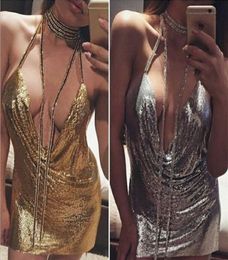 Whole Girls sexy sequin deep vneck min dress with chain golden or silver one piece club women clothing party dress9389345