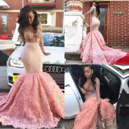 Dresses Pink Charming Mermaid Prom Dresses 2k17 Long Sleeves Sheer Neck Sequins Beaded Evening Gowns Backless Rose Long Train Formal Party