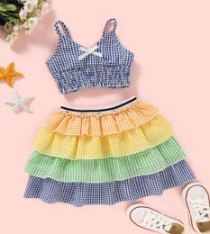 Einzelhandel, Mädchen farbenfrohe karierte Kleidertracksanzug Kleidungsstücke 2pcs Set Bowweste Stirn eingepackte Rock Girls Outfits Kinder Des2871885