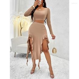 Work Dresses Sexy Spicy Girl Round Neck Long Sleeve Top & Asymmetrical Ruffled Skirt Set 2024 INS Summer Women's Fashion Slim Skirts Sets