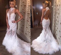 Sexy White Feather Prom Dress High Neck Halter Illusion See Through Lace Appliques Backless Evening Party Gowns Stunning Formal Go4762984