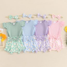 Clothing Sets Born Baby Girls Summer Jumpsuits Clothes Lovely Sleeve Romper Bow Front Shorts Headband Set Toddler 3Pcs